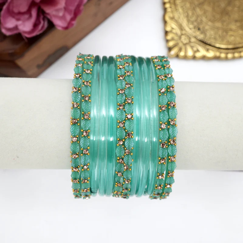 Leaf Cut Plain Bangles One Dozen Combo - Ice Blue